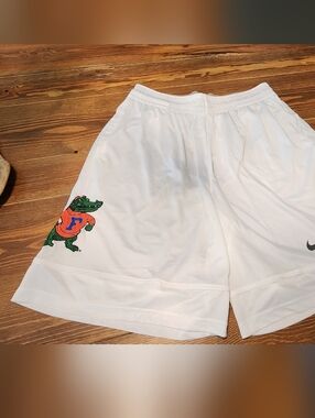 Nike White Mesh Shorts with Black Swoosh and Orange Green Gator Patch